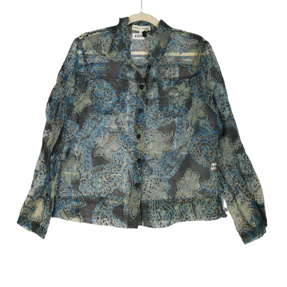 Bamboo Traders Blouse Womens Large Brown Floral Sheer Linen Blend Burnout Top - Picture 2 of 9